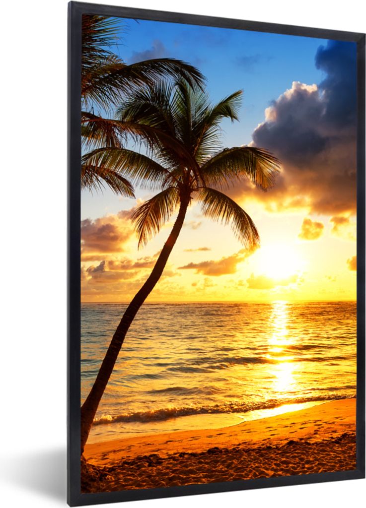 MuchoWow Gerahmtes Poster Strand - Horizont - Sonnenuntergang - Palme - Meer 60x90 cm - Poster mit Schwarzem Bilderrahmen Wandposter Rahmen Foto ...