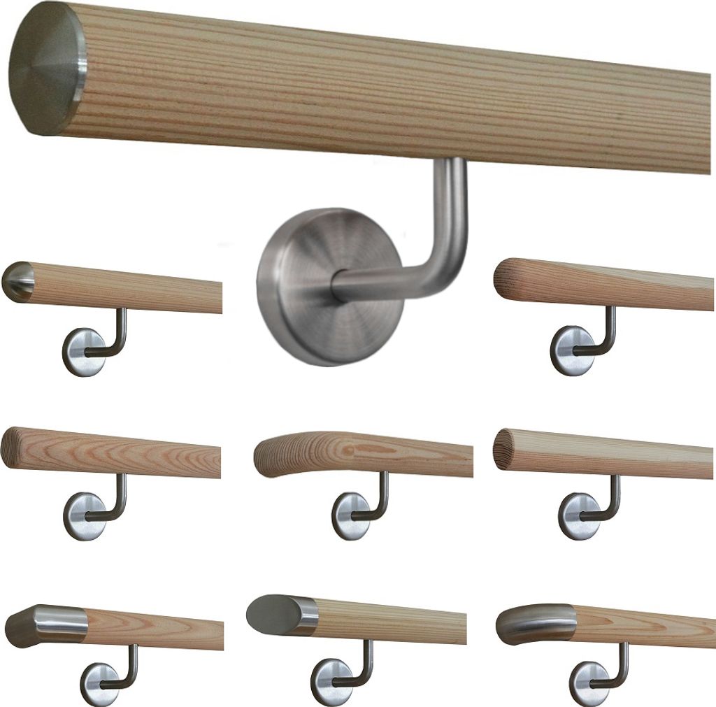 Lärche unbehandelt Handlauf Treppen Geländer Handläufer 30 - 500 cm aus einem Stück mit Halter Stützen Träger und bearbeiteten Enden 130 cm m...