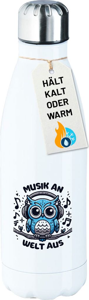 Huuraa Trinkflasche Musik an Welt aus Eule 500ml White Edelstahl Wasserflasche Trinkflasche Geschenkidee