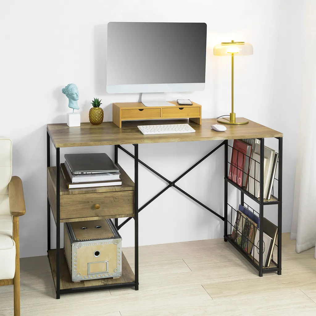 SoBuy FWT61-N Bureau Informatique Industriel avec 4 Étagères et Tiroir