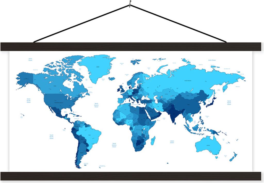 MuchoWow Textilposter Weltkarte - Bunt - Blau 120x60 cm mit schwarzem Rahmen - Dekoration Schlafzimmer