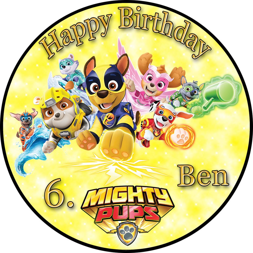 Tortenaufleger Fototorte Tortenbild Kindergeburtstag Paw Patrol Mighty Pups PP04 (Zuckerpapier) Rund 14 cm Ø ohne Foto Gelb
