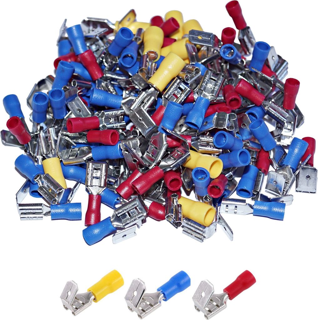 Flachsteckhülse mit Abzweigung isoliert Kabelschuhe Sortiment rot blau gelb 0,25-6,0 mm² Set 100 Stück