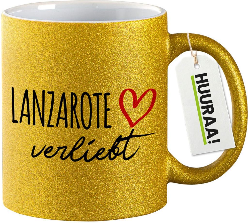 Huuraa Glitzertasse Lanzarote verliebt 330ml Gold Keramik Kaffeebecher Geschenkidee