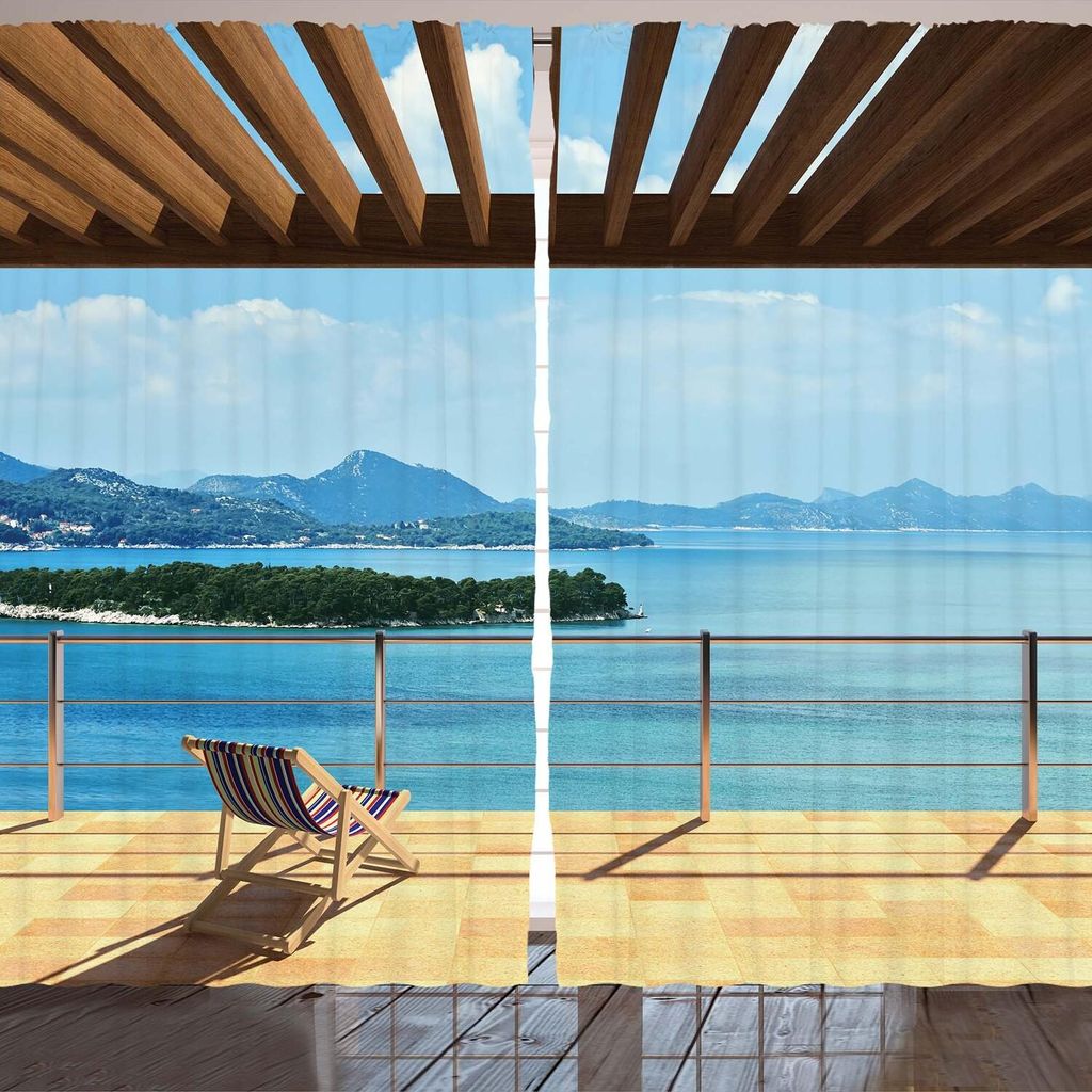 ARANDE Ozean Gardine, Innen Balkon Panorama-Meerblick Küste Insel Meer Themen Sommerurlaub, 280 x 260 cm, Blau und weiß