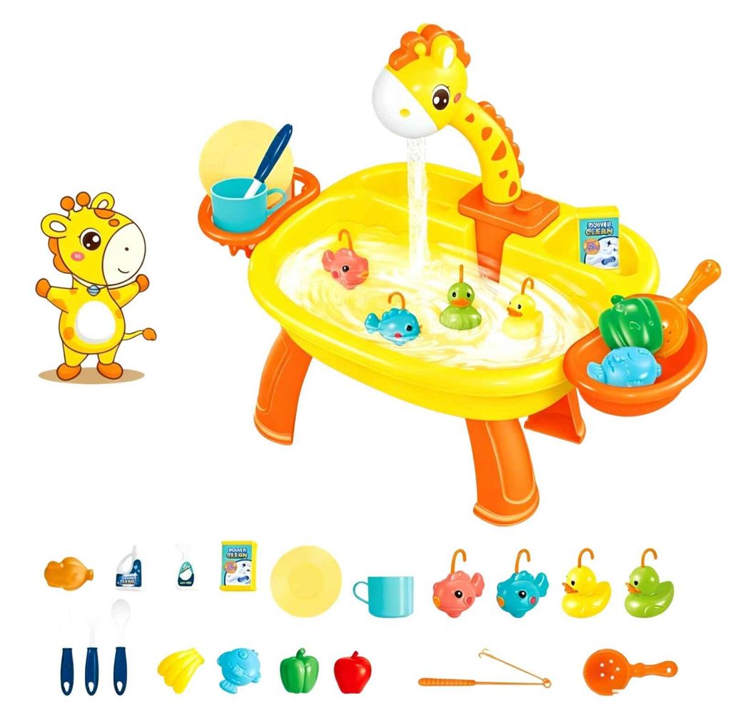 Zimilo Kinder Wasserspiel Spüle mit Wasserpumpe, Automatischer Wasserkreislauf, 180° Wasserhahn, Großes Becken, Zubehör Set Lernspielzeug, Gelb