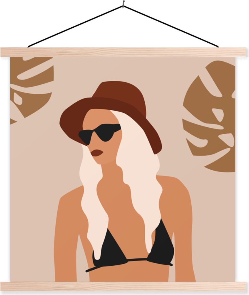 MuchoWow Textilposter Sommer - Frau - Bikini 120x120 cm mit holzfarbenen Rahmen - Textil-Poster