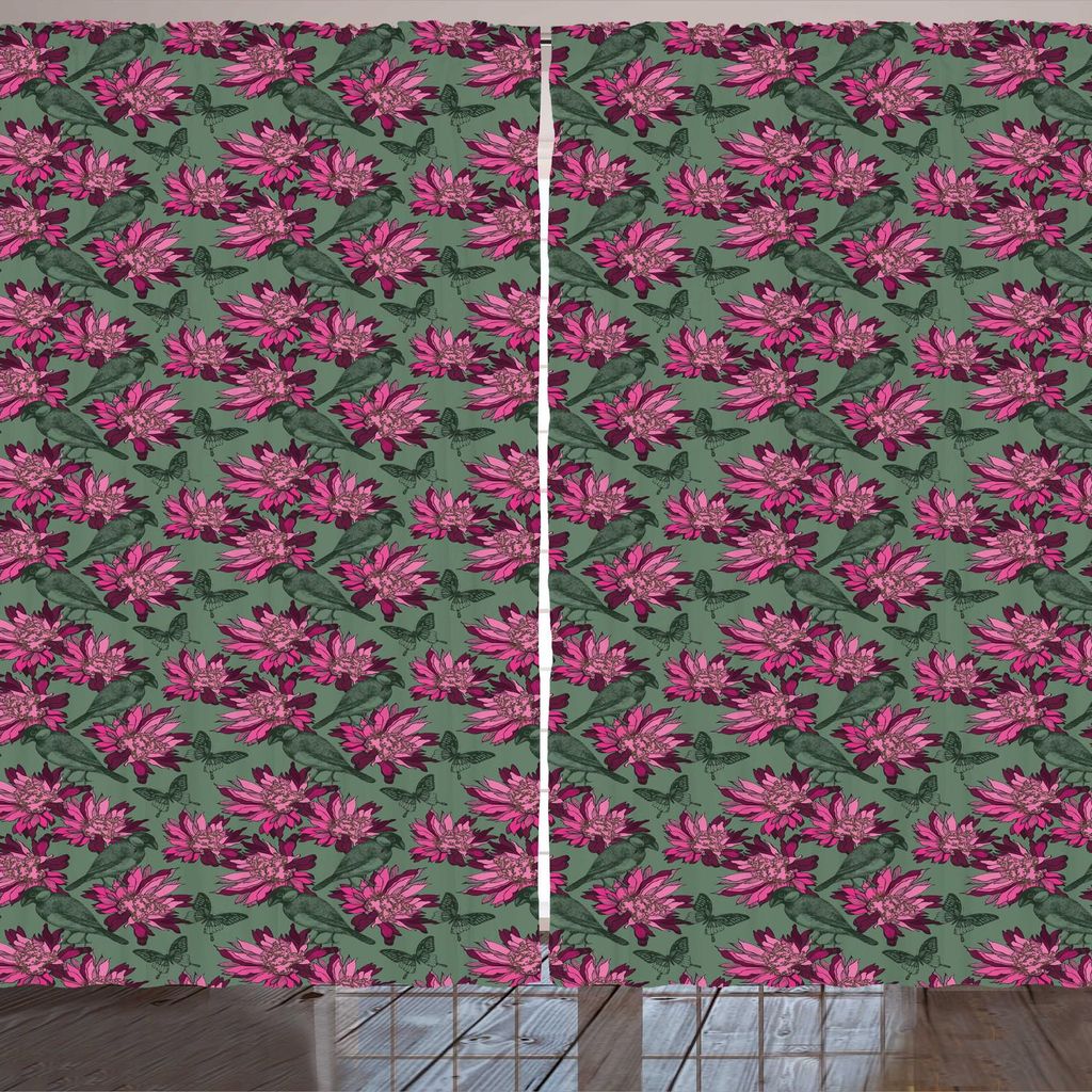 ARANDE Blumen Gardine, Vögel Zipfel Petals Hand gezeichnete Skizze Illustration, 280 x 260 cm, Rosa Laurel Grün