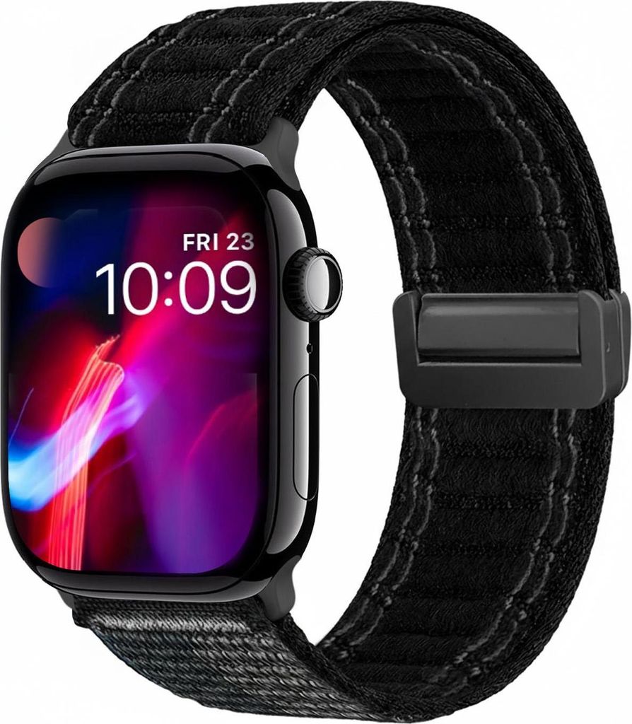 Smartwatch Armband für Apple Watch Series 10 42mm Nylon Textil Band Ersatzband Wechselband Magnetverschluss flexibel atmungsaktiv Schwarz