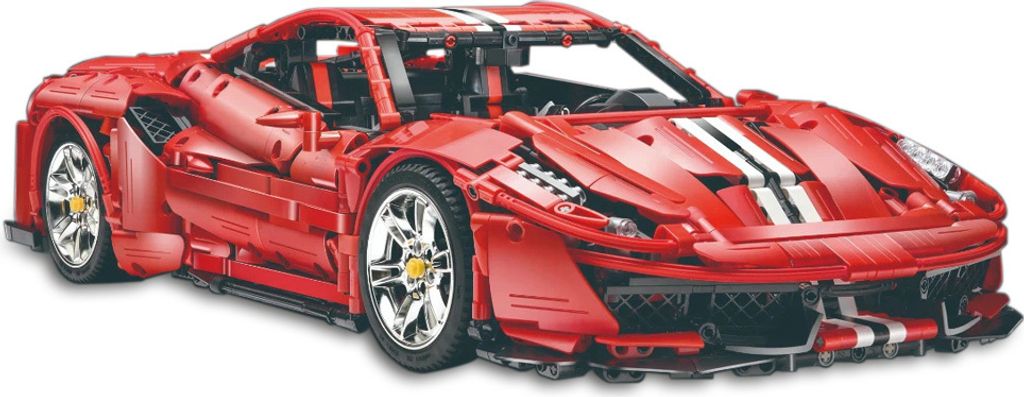 A red toy sports car made of building blocks.