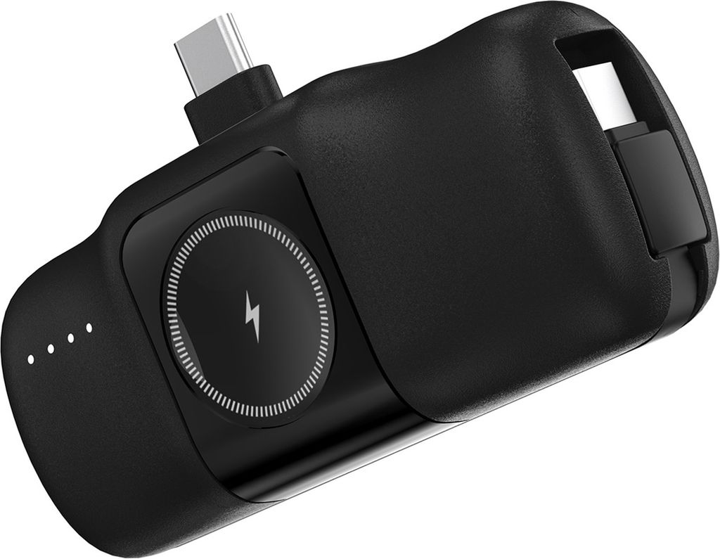 A black portable power bank with USB-C connectors and a wireless charging pad.