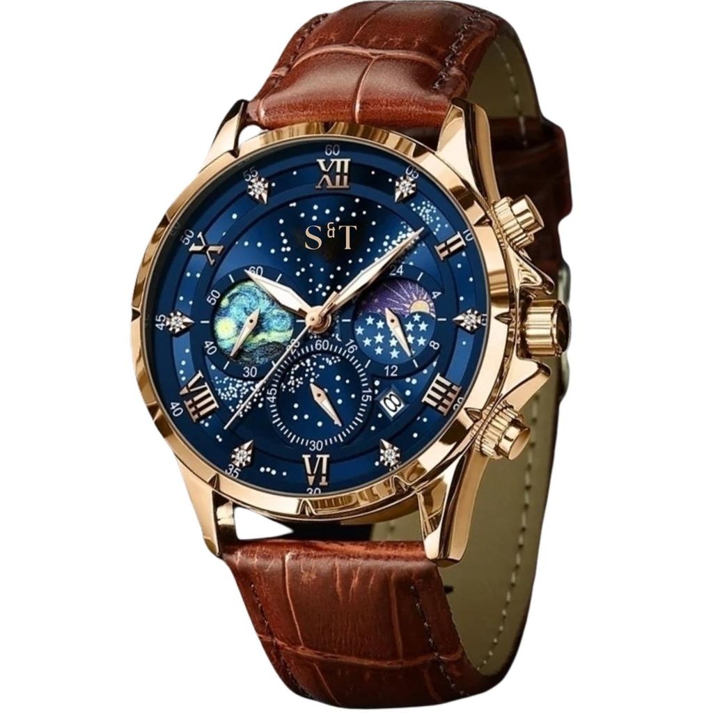 Herrenuhr Leder Braun Chronograph Armbanduhr Lederarmband Datum Wasserdicht Anzug