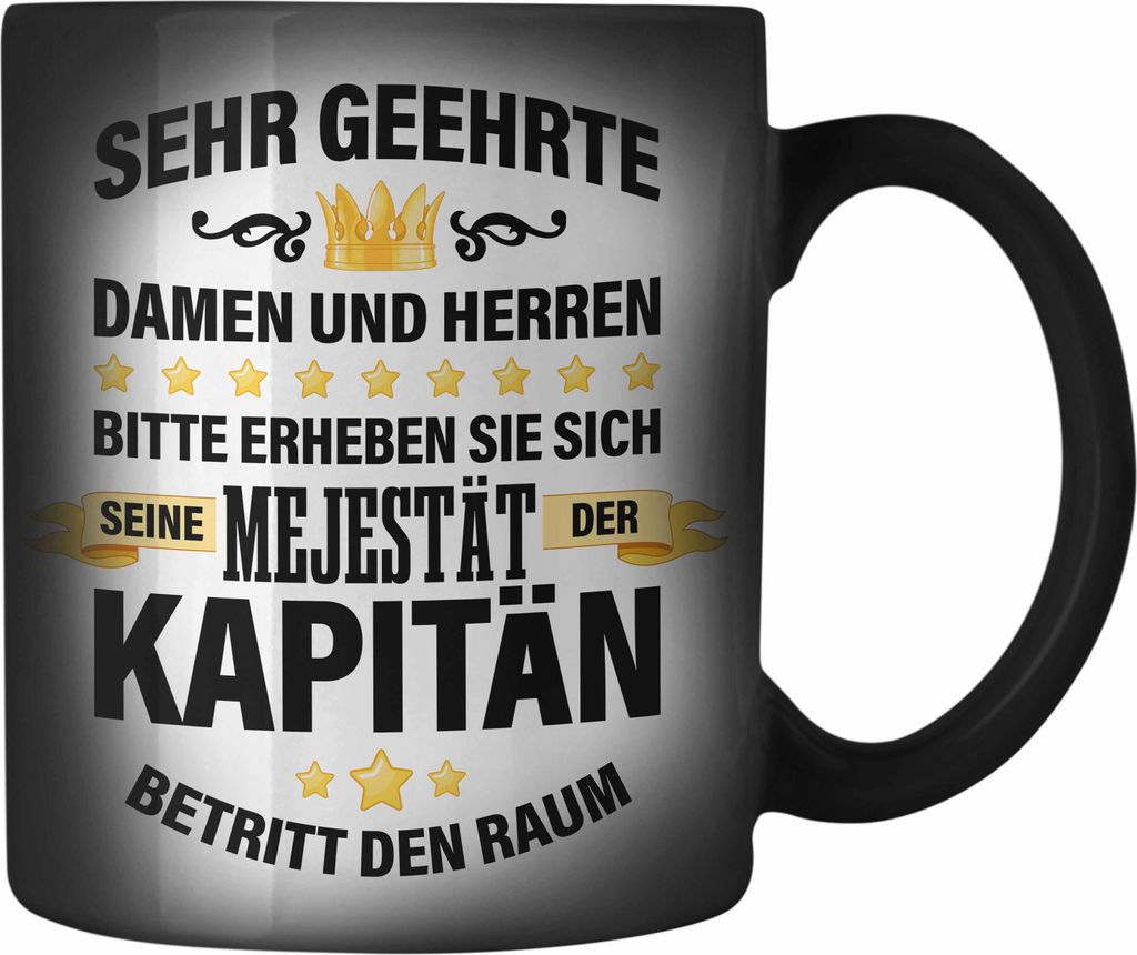 Trendation - Kapitän Farbwechsel Zauber-Tasse Geschenk Spruch Männer Vater Geschenkidee Käpten Geburtstag (Schwarz)
