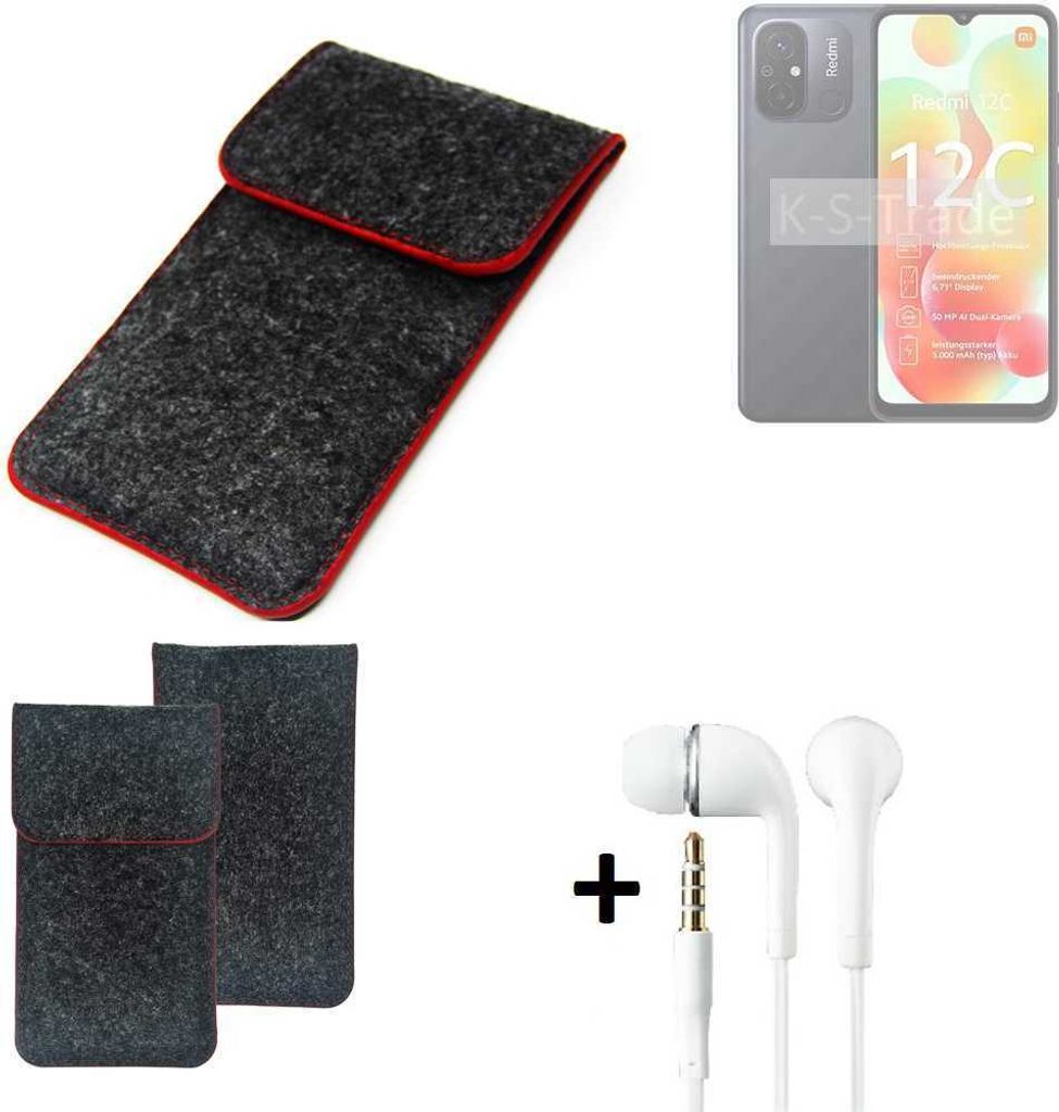 K-S-Trade Handy Schutz Hülle kompatibel mit Xiaomi Redmi 12C Schutzhülle Handyhülle Filztasche Pouch Tasche Case Sleeve Filzhülle dunkelgrau roter