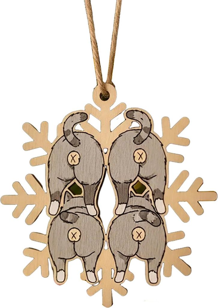 Weihnachtsschmuck in Form einer Schneeflocke mit Katzenhintern, lustiger Weihnachtsbaumschmuck aus Holz in Schneeflockenform, hängender Anhänger ...
