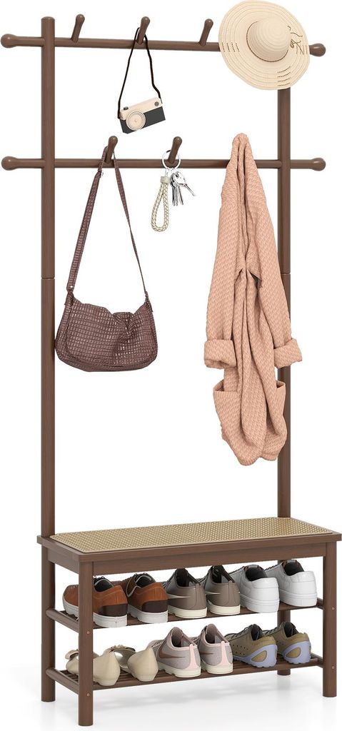 A coat rack with a bench and shoe storage.