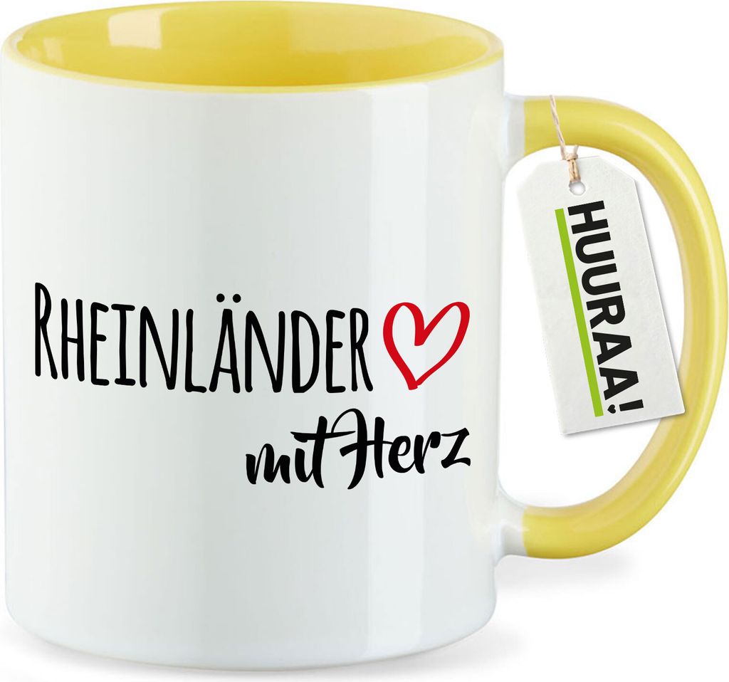 Huuraa Kaffeetasse Rheinländer mit Herz 330ml Gelb Keramik Kaffeebecher Geschenkidee