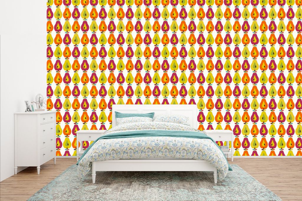 MuchoWow Fototapete für Wohnzimmer oder Schlafzimmer Wandtapete Vinyl Motivtapete Retro - Design - Birne - Obst - 400x240 cm - Gemustert