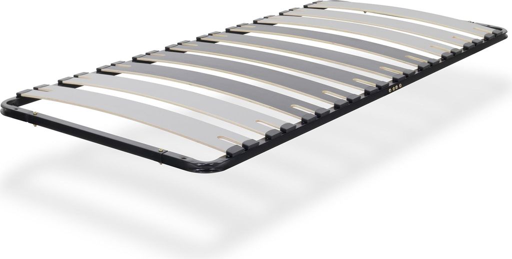 A slatted bed base is shown from a diagonal angle against a white background.