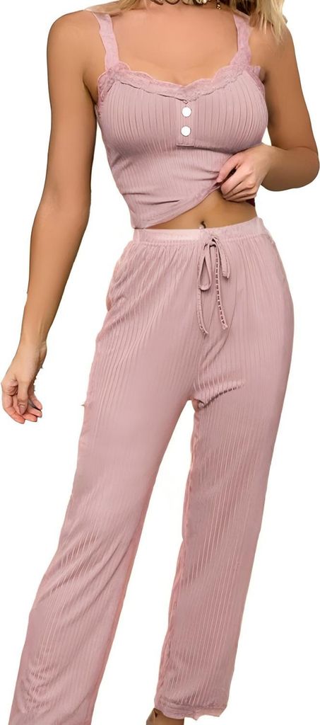 Damen Pyjama Set Cami Schlafanzug Spaghettiträger Bauchfrei Tops Camisole Lang Hose Hauseanzug Kombi 2-Teiler Home Set Rosa L