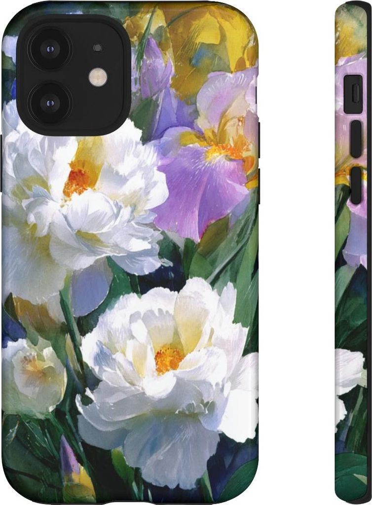 Weiße Pfingstrosen und Flieder-Iris – Hülle Kompatibel mit iPhone 12