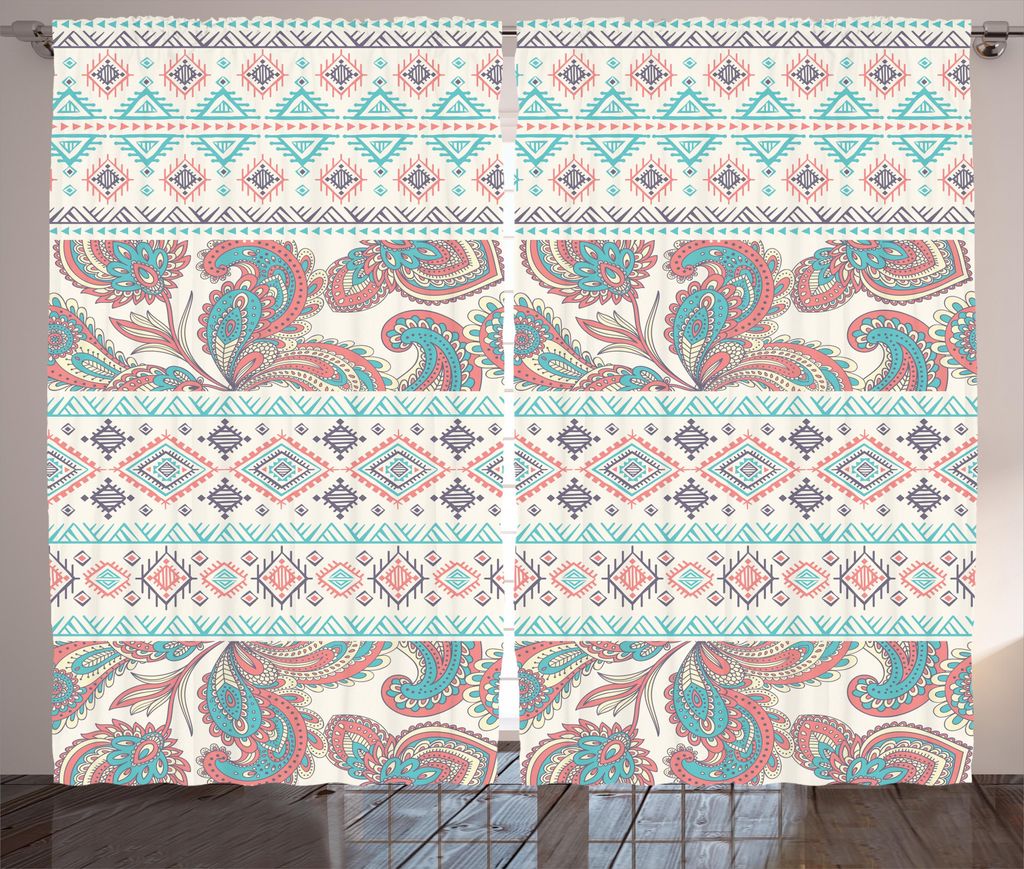 ABAKUHAUS Stammes Rustikaler Gardine, Floral Paisley und Azteken, Schlafzimmer Kräuselband Vorhang mit Schlaufen und Haken, 280 x 225 cm, Korallen...