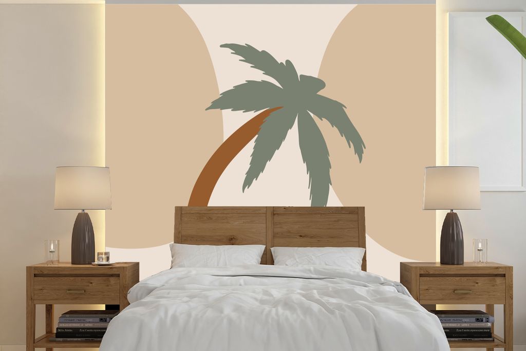 MuchoWow Fototapete für Wohnzimmer oder Schlafzimmer Wandtapete Vinyl Motivtapete Palme - Pastell - Sommer - 300x300 cm - Wanddekoration