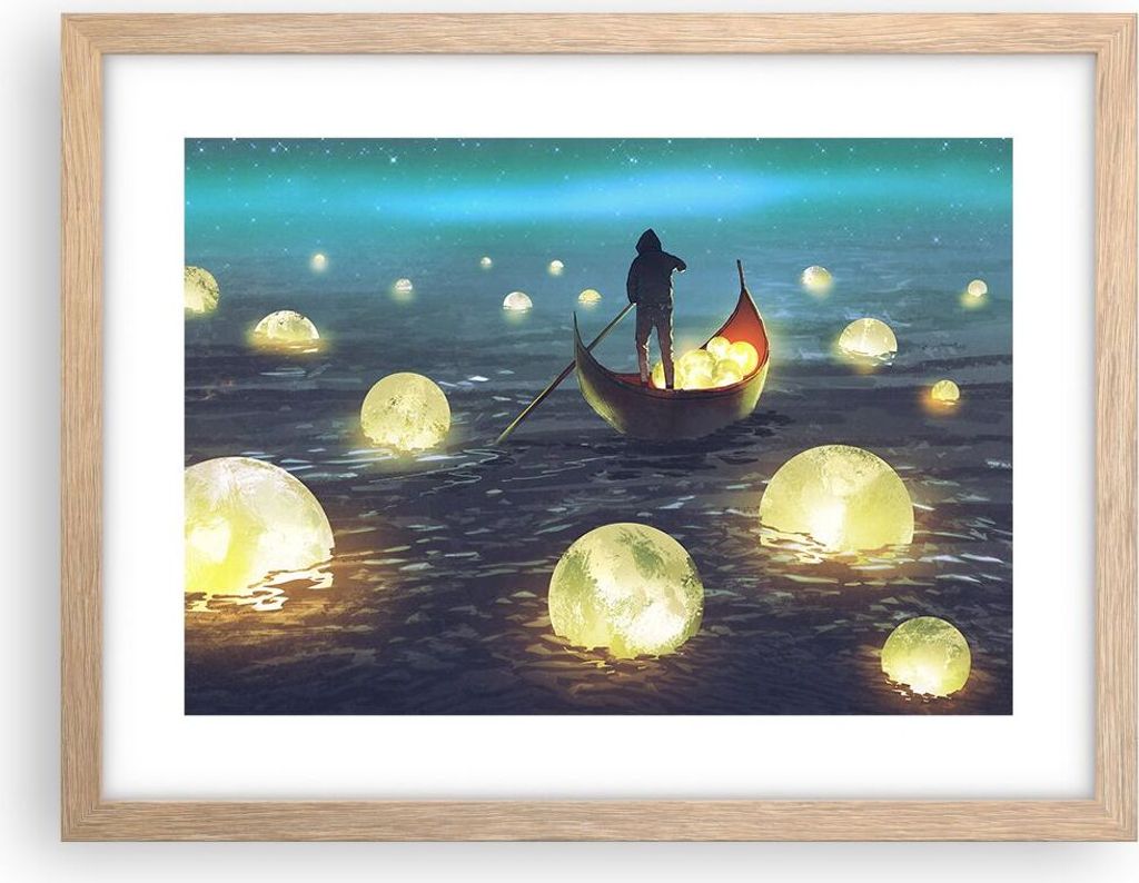 Gerahmtes Poster - Rahmen in heller Eiche - Boot Wasser Märchen - 40x30 cm - Wand Bild - Wanddeko - Wandbilder - Wandposter - Bilderrahmen - Bilde...