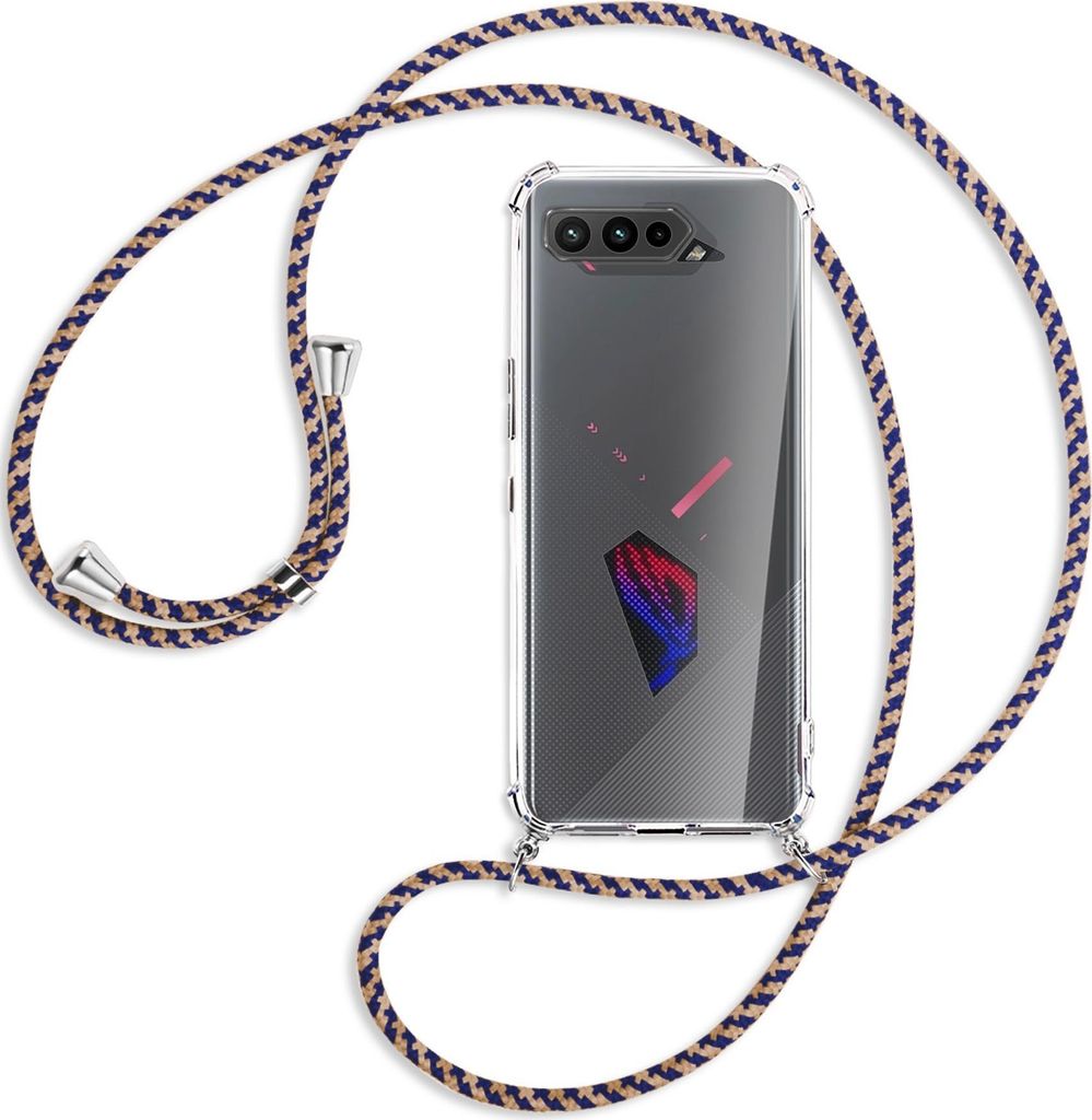Handykette Backcover-Schutzhülle mit Band (Metall silberfarben) für Asus ROG Phone 5, 5 Ultimate, 5 Pro - blau+beige