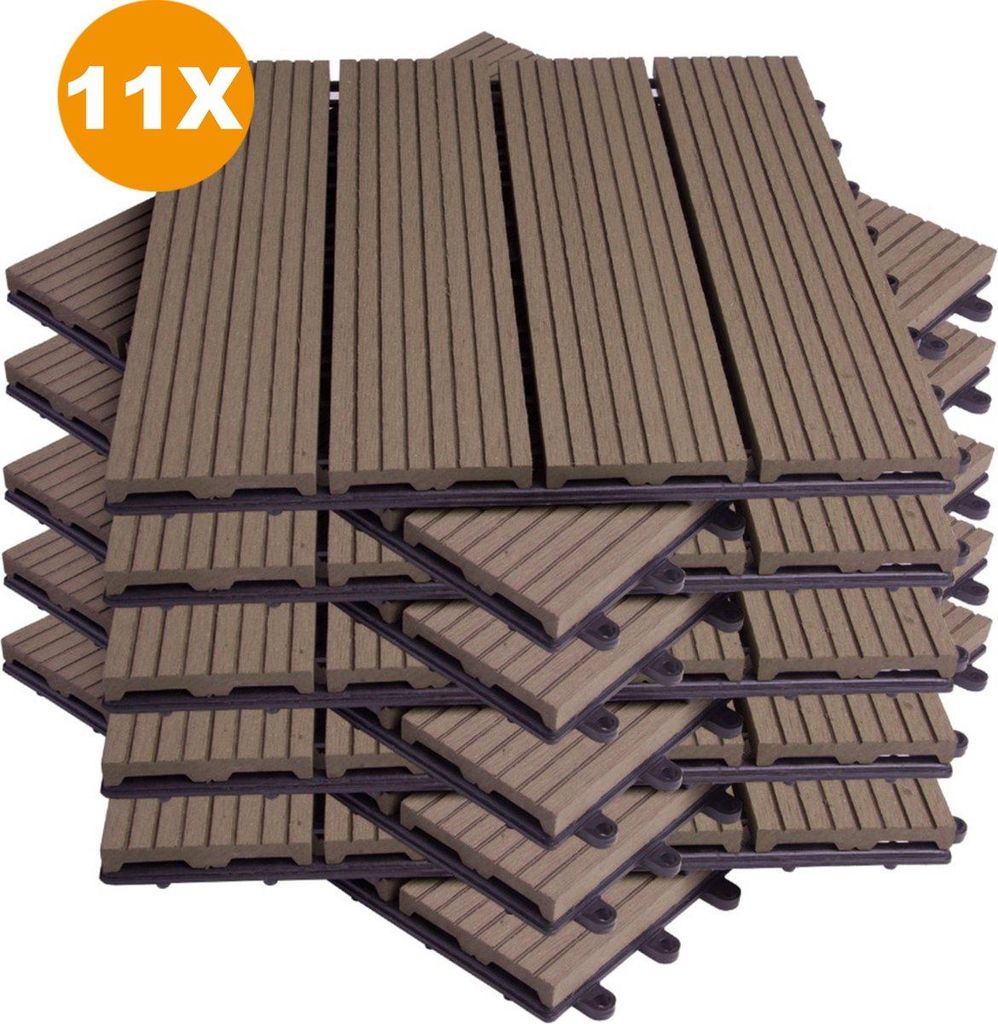 Happyment WPC Terrassenfliesen 11 Stück – Terrassendielen Kaffee – Balkon- & Gartendiele – 30x30 cm