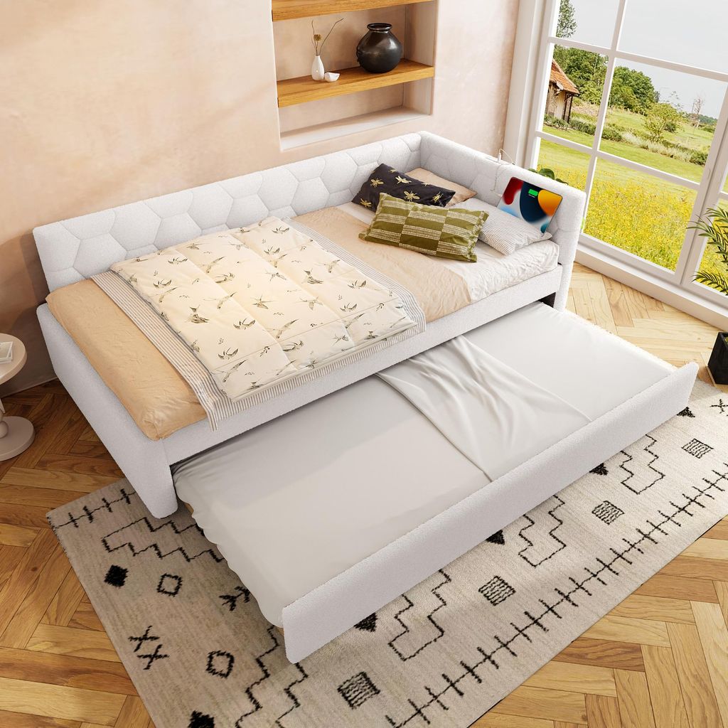 Stylisches Tagesbett mit USB-C, Nachttischlicht & Ausziehbett, Weiß, 90x200 cm