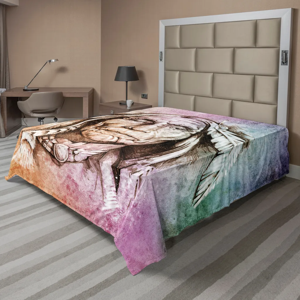 Drap de Lit Multicolore Confortable avec Imprimé Plumes et Aquarelle