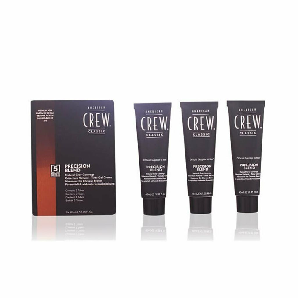 A box and three tubes of American Crew Precision Blend hair color for men are displayed against a white background.