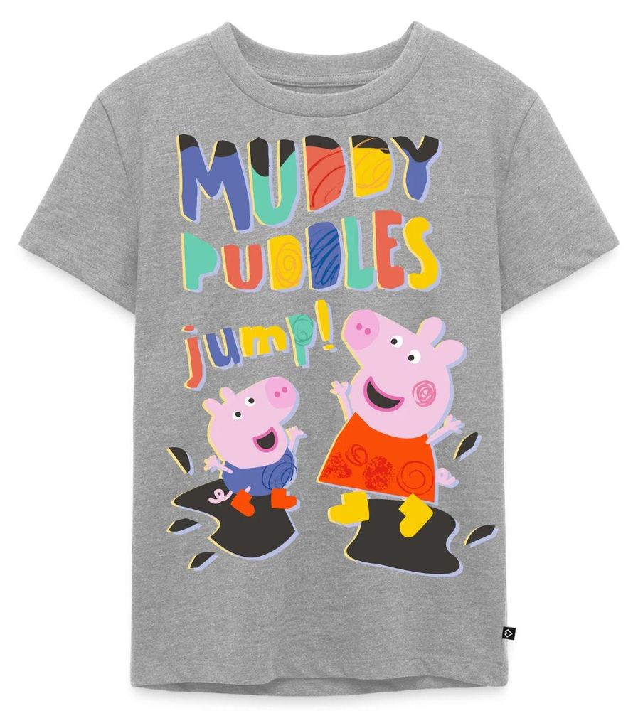 Spreadshirt Peppa Wutz Matschepampe Muddy Puddles Schorsch Kinder Premium T-Shirt, 110/116 (4 Jahre), Grau meliert