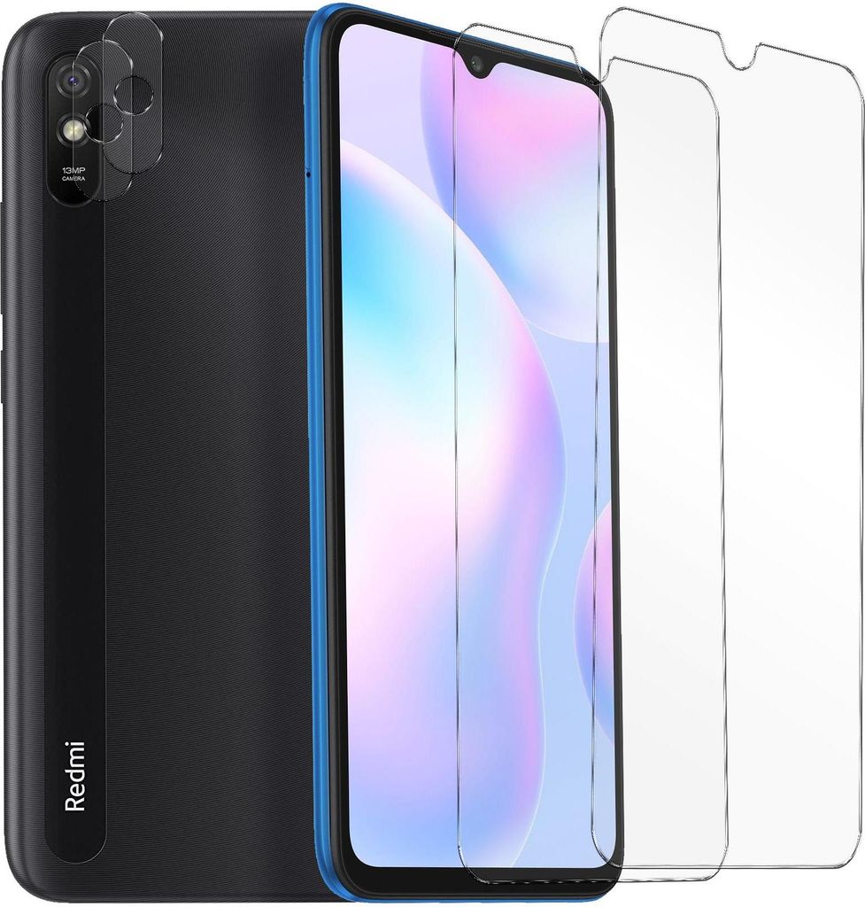 A smartphone and screen protectors are displayed against a white background.
