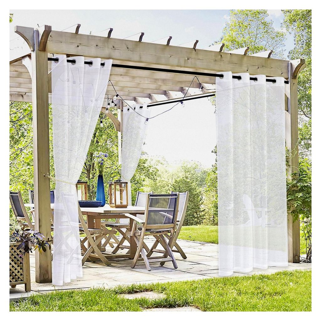 Outdoorvorhänge mit Ösen im 2er Set H 213 x B 137 cm für Pavillons in Leinenoptik, wasserdicht und transparent für Terrasse und Garten