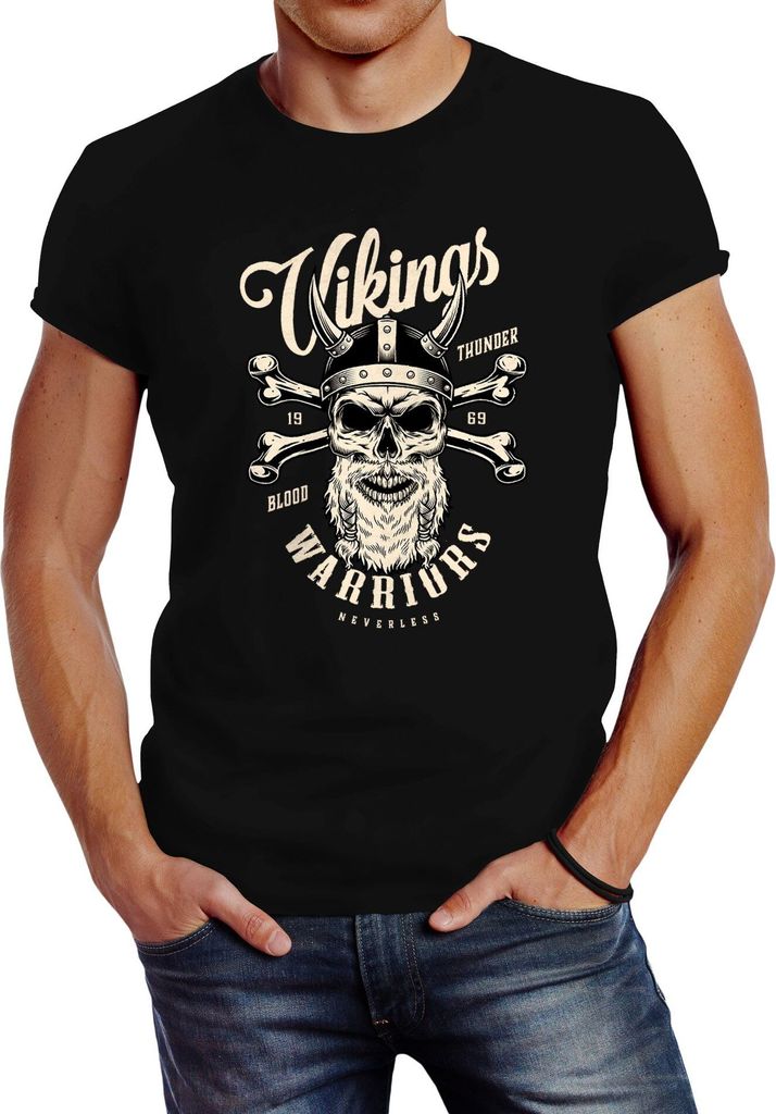 Herren T-Shirt Vikings Skull Wikinger Totenkopf Bart Slim Fit Neverless schwarz 5XL
