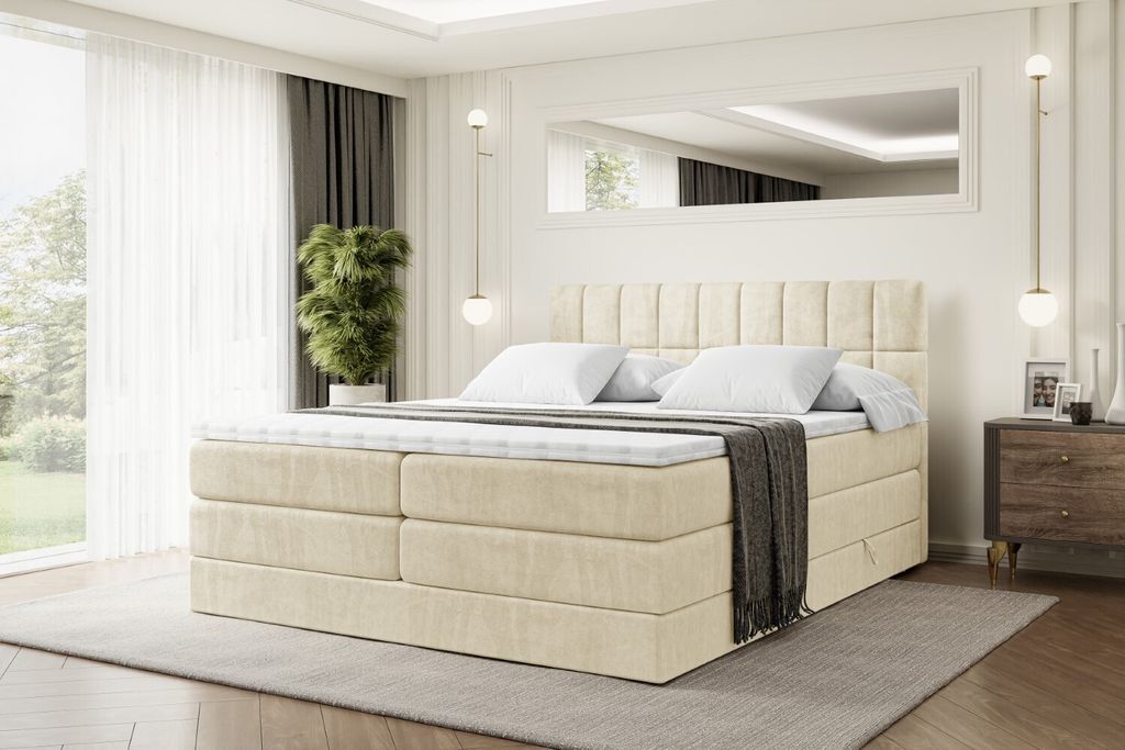 ALTDECOR Boxspringbett mit 2 Matratzen und Topper - 200x200 cm - MIAMI KING - Beige Samt - Polsterbett mit, H3- und H4- Matratzen, Bettkasten und L...