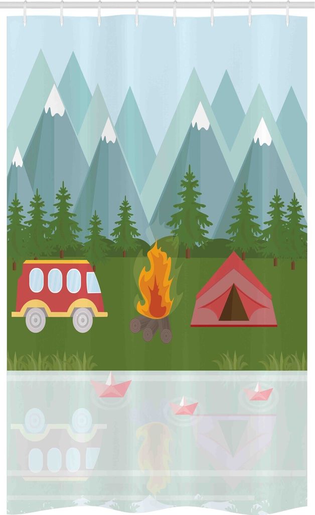 ABAKUHAUS Wohnmobil Schmaler Duschvorhang, Cartoon Caravan Tent, Badezimmer Deko Set aus Stoff mit Haken, 120 x 180 cm, Mehrfarbig