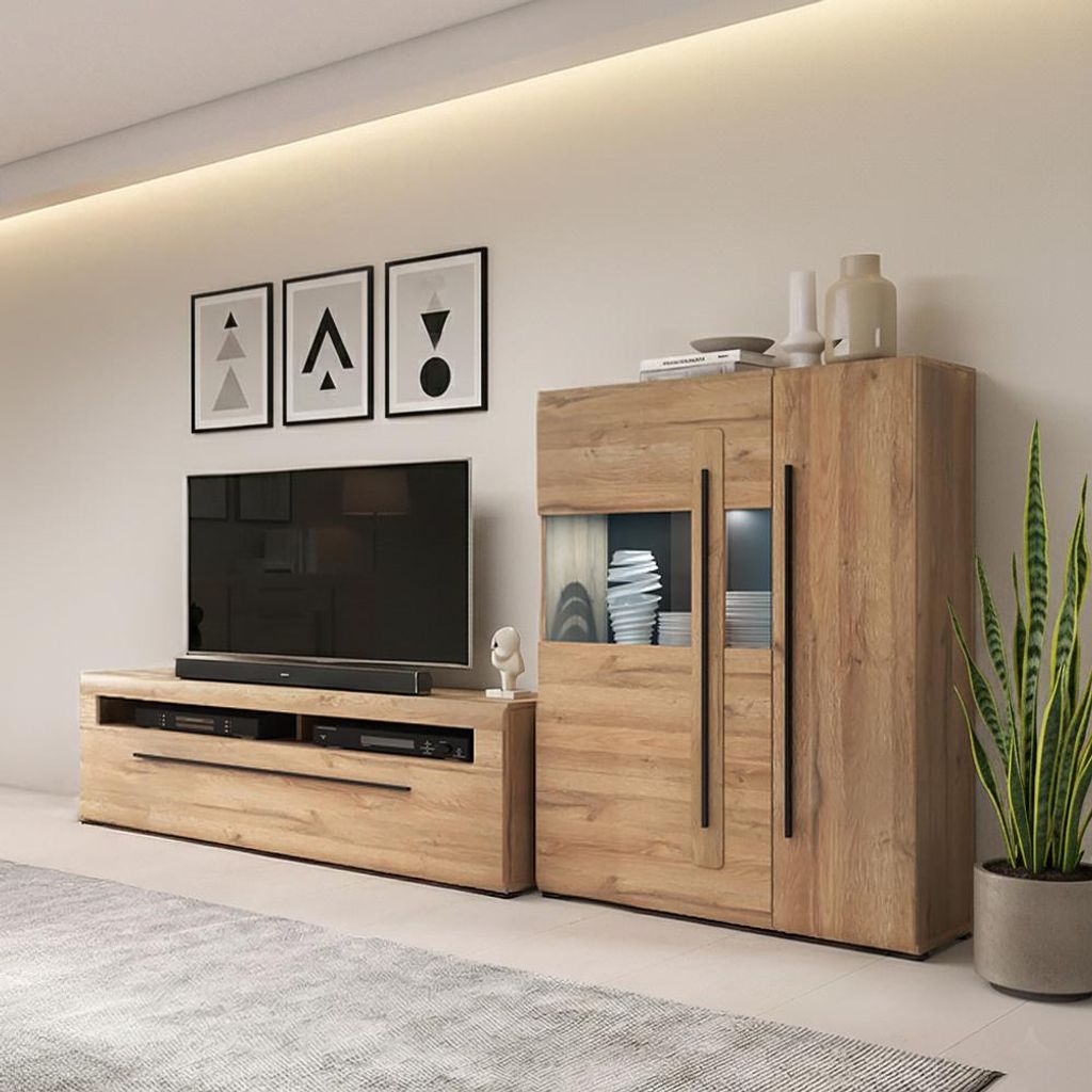 Wohnwand Set in Eiche mit 160 cm Lowboard & Highboard inkl. Beleuchtung, 2-teilig - TURDA-83