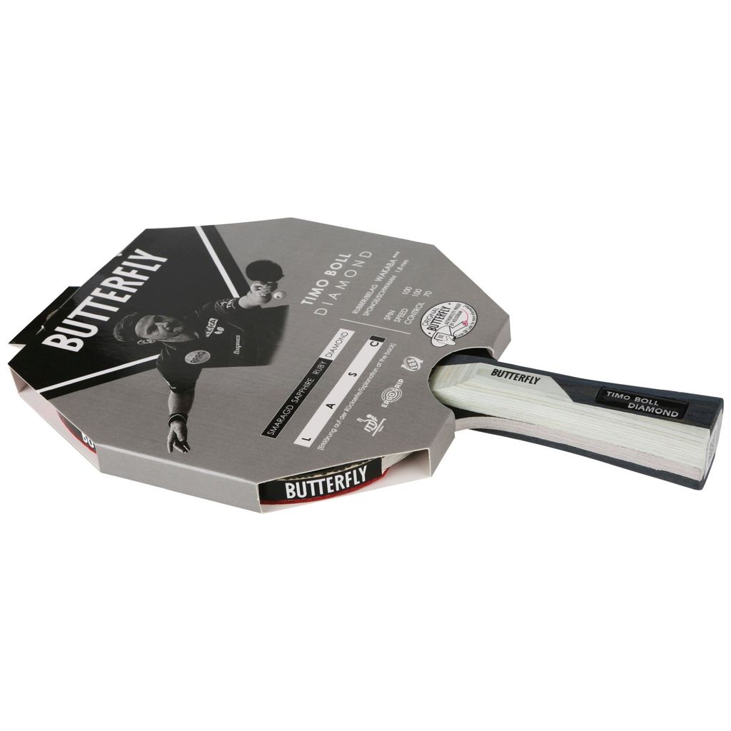 A table tennis racket in its packaging.