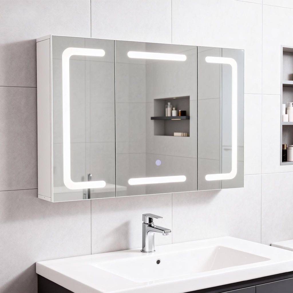 GIHAUVIA Spiegelschrank Bad LED mit 3-Farben-Beleuchtung 80x60x14 cm Touch 3-türig Rasiersteckdose Badezimmerspiegel-Schrank