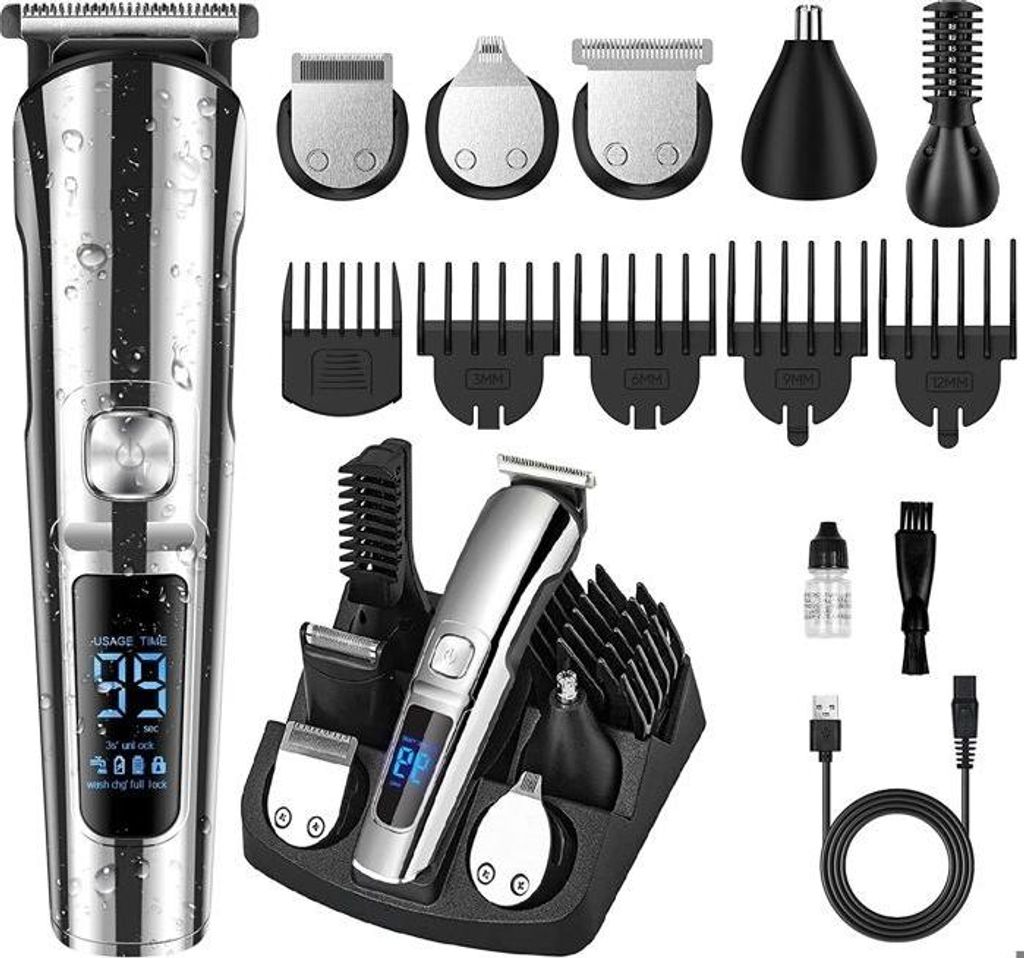 Professioneller kabelloser Haar- und Barttrimmer für Herren, wiederaufladbarer, wasserdichter Haarschneider mit 6 Scherköpfen und 5 Kämmen
