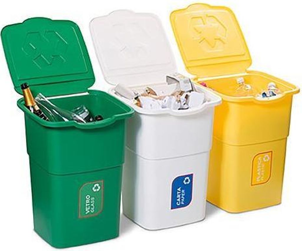 Three recycling bins for separate waste collection.