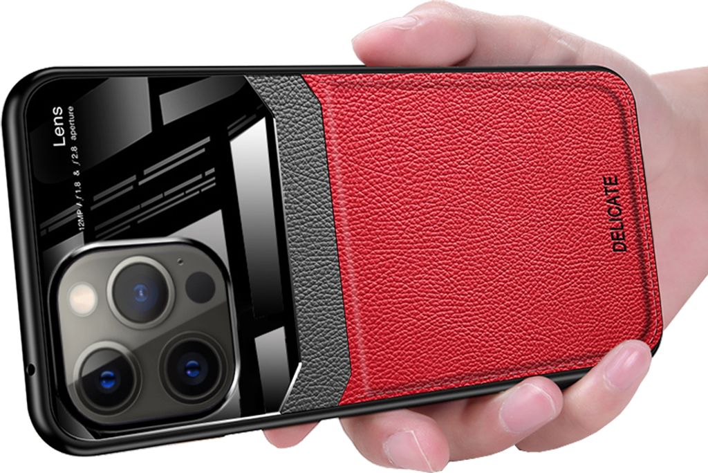 iPhone 14 ProMax Hülle, TPU Stossfest Anti-rutsch Leder Glas Len Hybrid Schutzhülle für iPhone 14 ProMax Rot