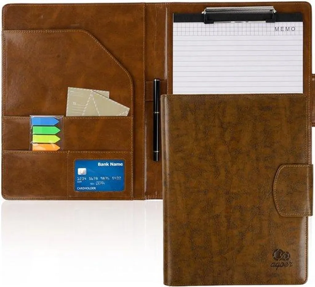 Porte-documents A4 cuir véritable avec porte-bloc à pince et stylo bille