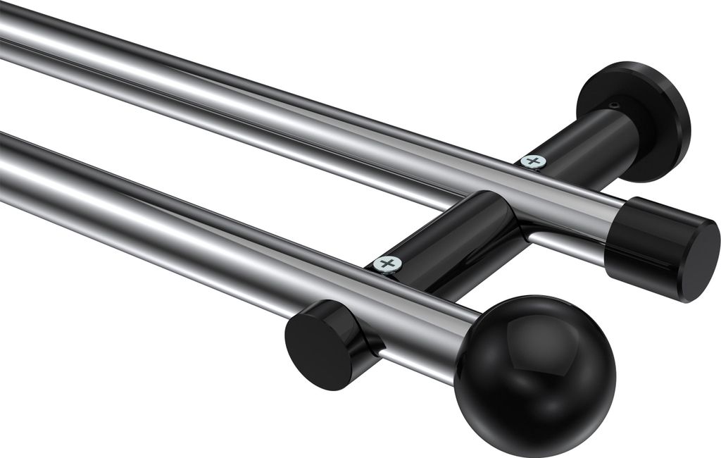 Interdeco Gardinenstange / Vorhangstange Chrom / Schwarz, Typ Platon Luino (Kugel) ohne Ringe, 20 mm Ø 2-läufig, 100 cm