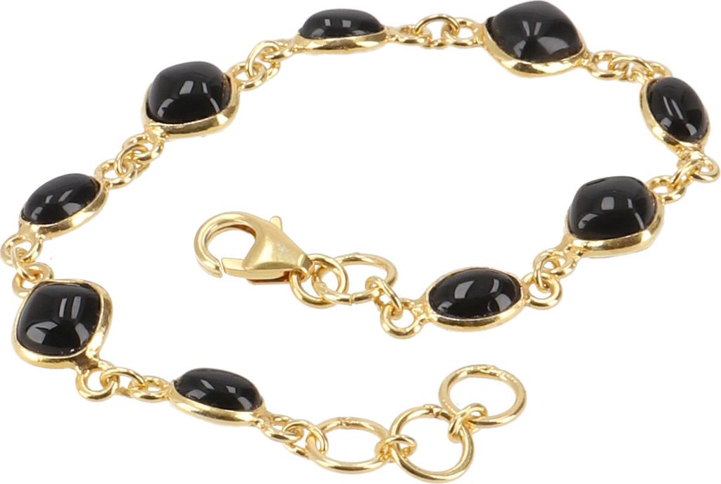 Indisches Boho Armband, Vergoldetes Armband aus Sterling Silber mit Halbedelsteinen - Onyx, Schwarz, SterlingSilber, 20*1 cm, Armreifen & Armbände...