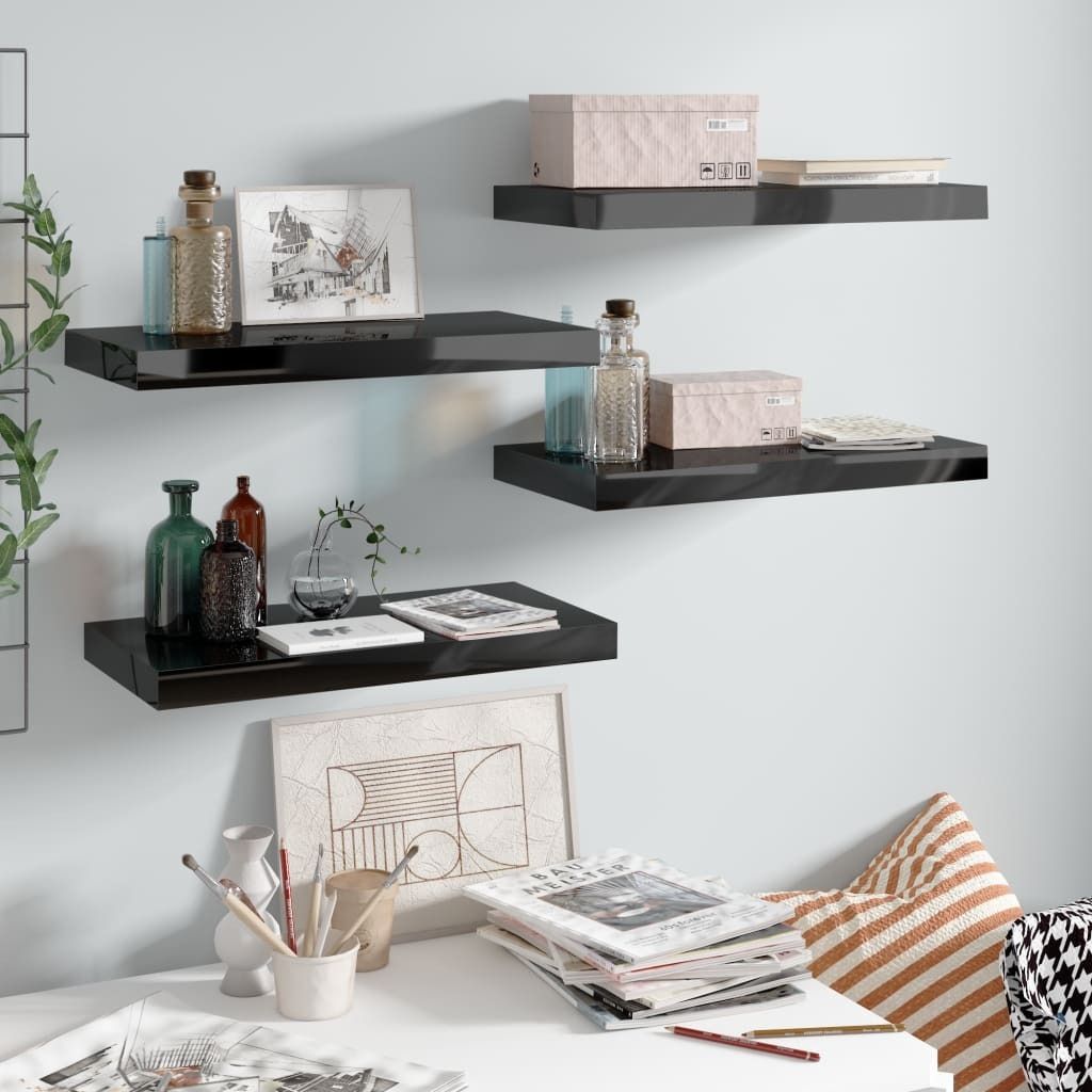 The Living Store Schweberegale 4 Stk. Hochglanz-Schwarz 50x23x3,8 cm MDF