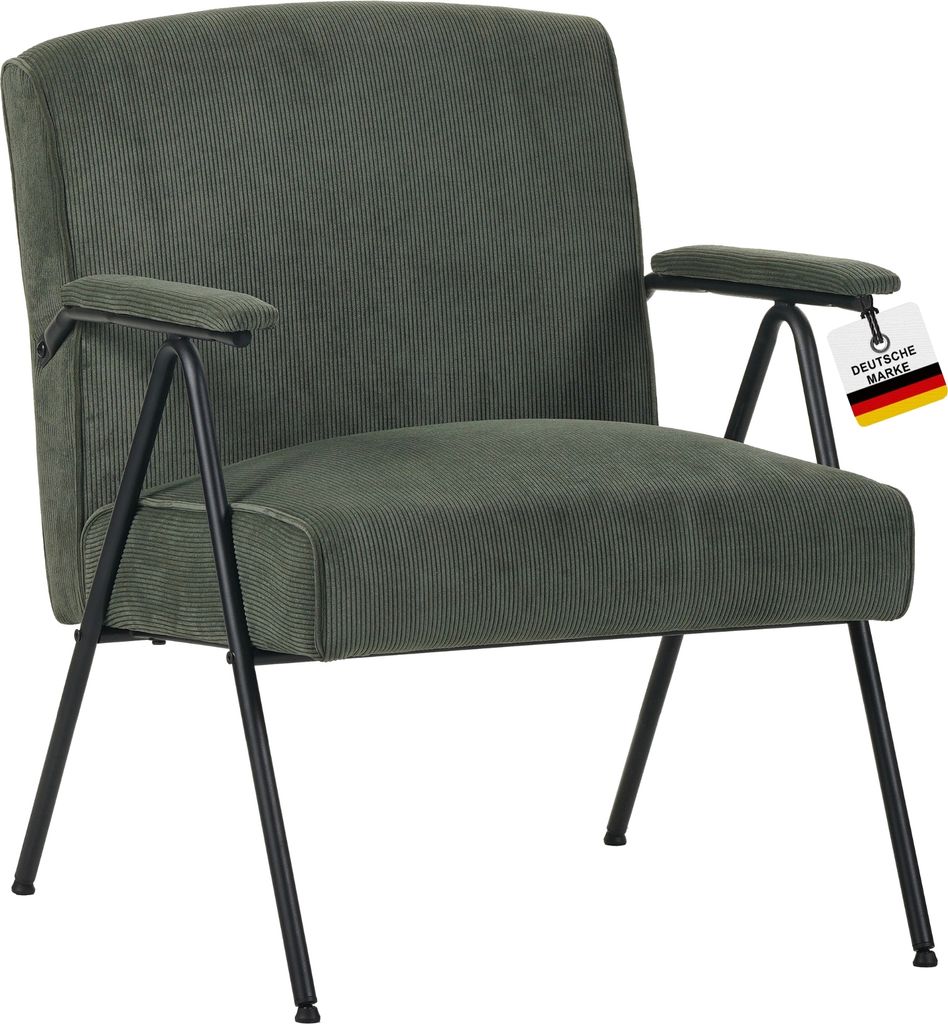 A green corduroy armchair with black metal legs, shown from the front.